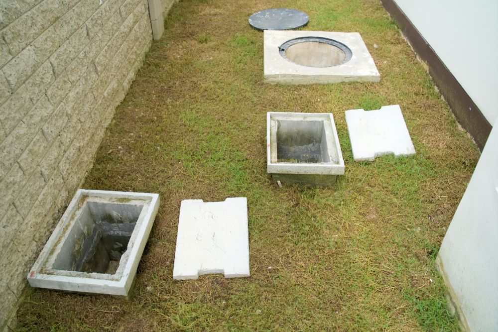 A Manhole Cover Is Sitting In The Grass Next To A Brick Wall — All Hours Vac Truck In Yeppoon, QLD