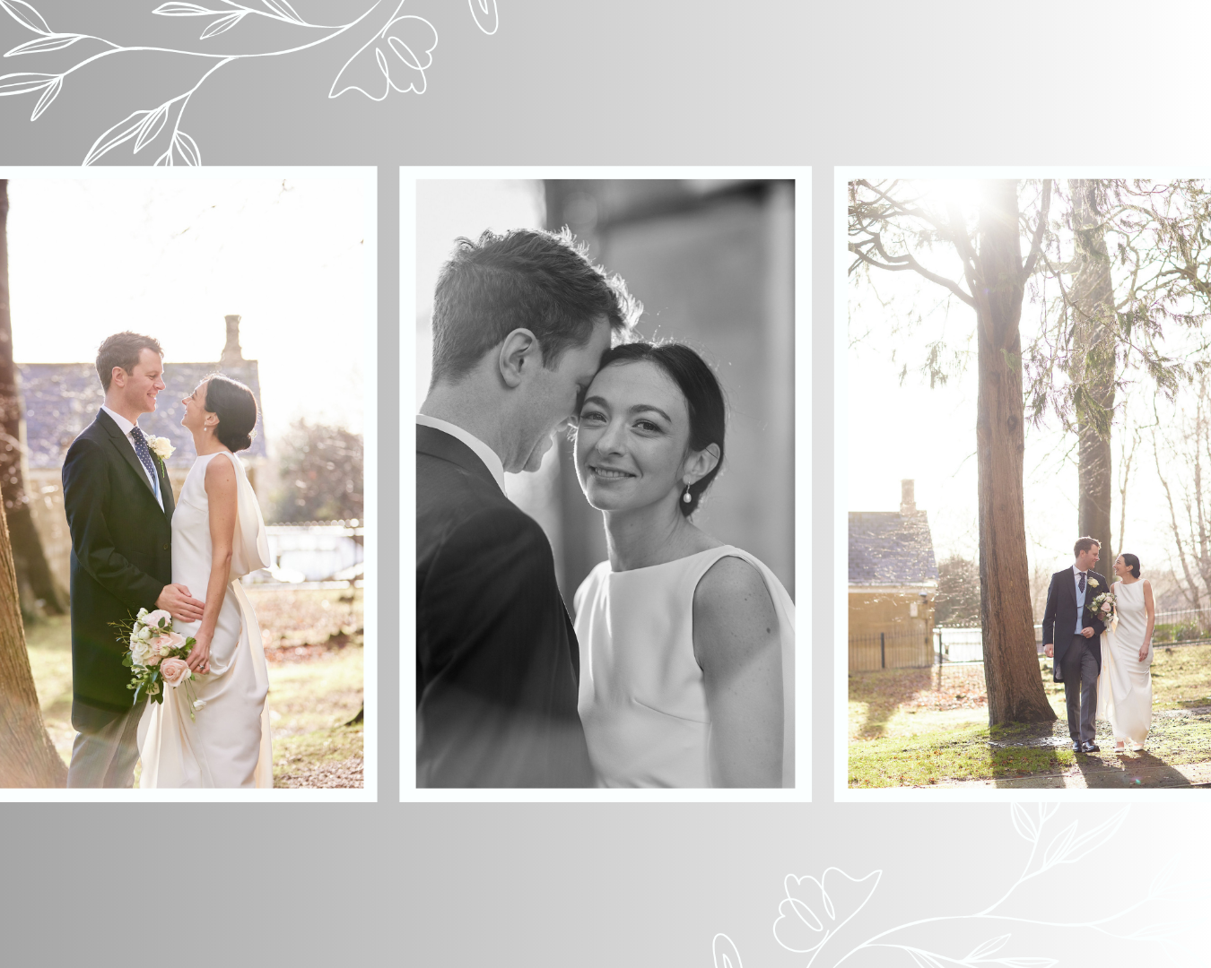 A black and white photo of a bride and groom standing next to each other.