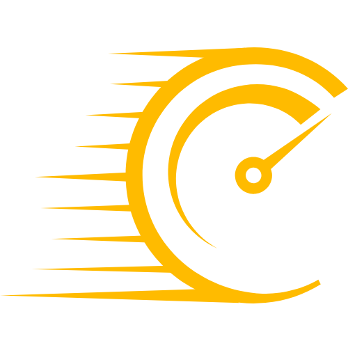 Yellow speedometer with motion lines, indicating speed.