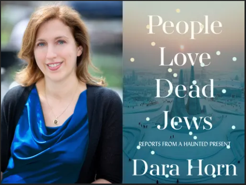 woman (Dara Horn) in blue shirt next to book People Love Dead Jews