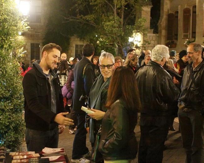 Crowd in Christ Church Jerusalem courtyard