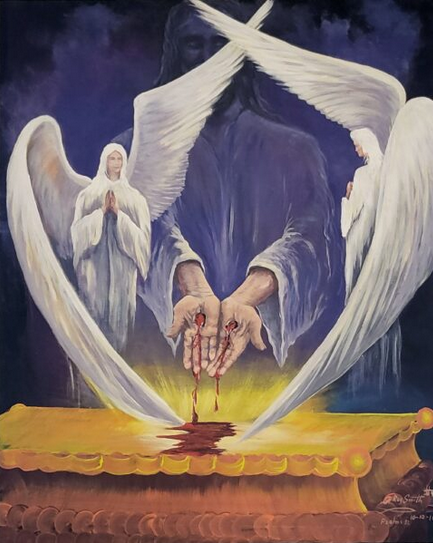 Jesus pours his blood on the Ark of the Covenant as both Yom Kippur sacrifice and great high priest