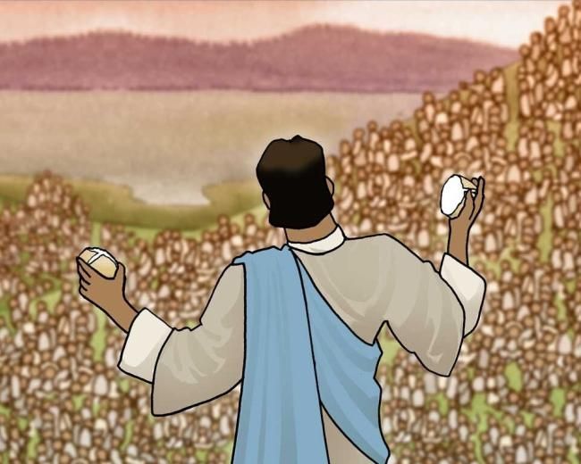 Jesus blesses bread for the multitude