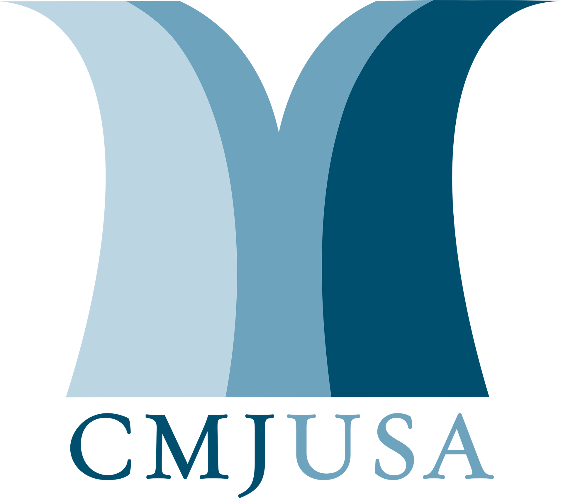 Logo for CMJUSA: Abstract blue shape resembling an M with CMJUSA text below.