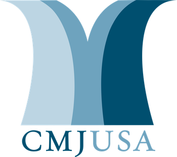 Logo for CMJUSA: Abstract blue shape resembling an M with CMJUSA text below.