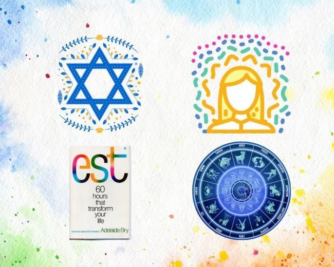 colorful background with many different spiritual, religious, and other icons