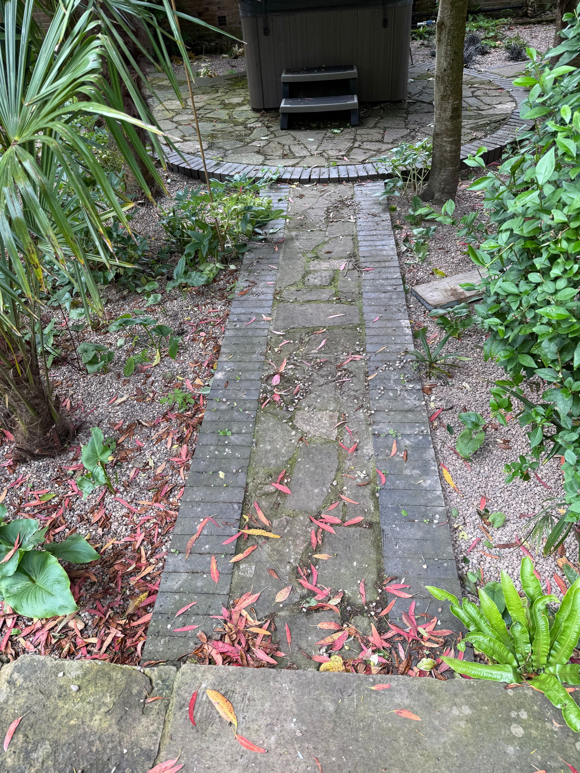 Narrow brick garden path with wet leaves leading to a small bench under a stone shelter