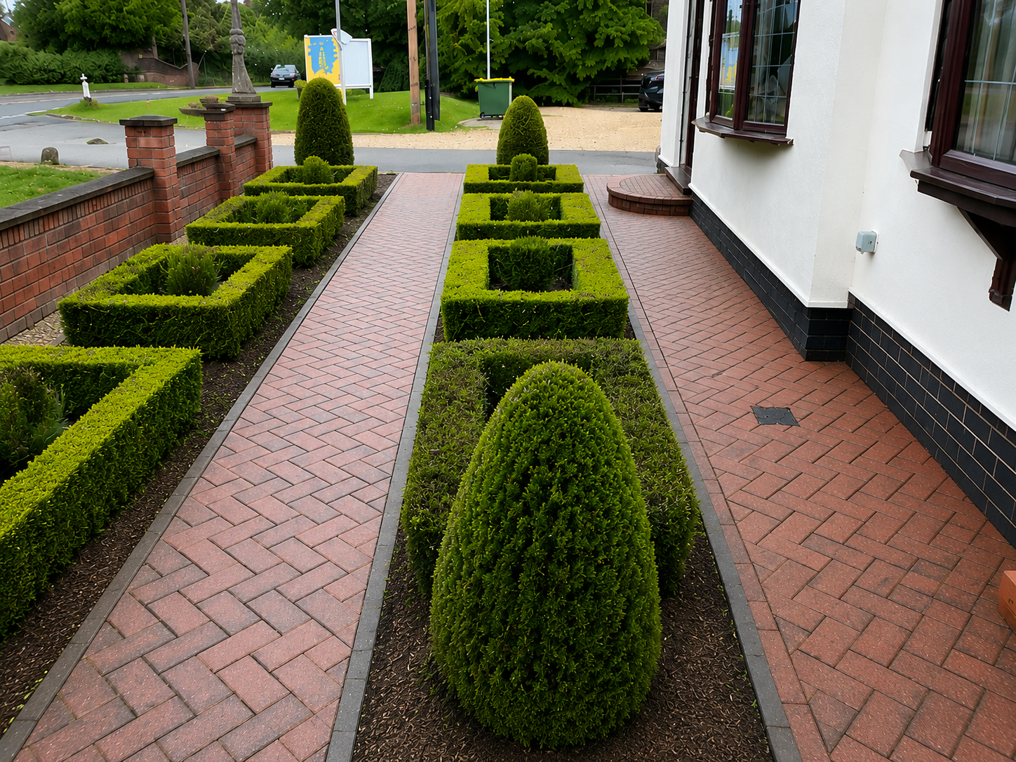 Brick garden path bordered by trimmed green hedges and topiary beside a white building