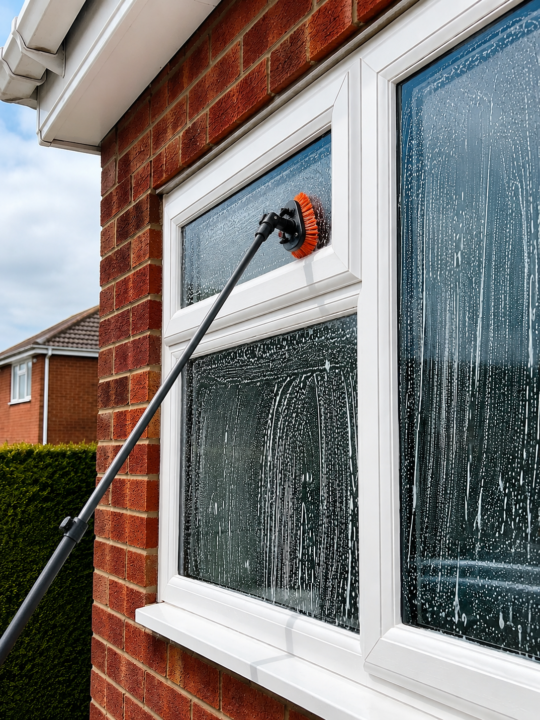 Window being cleaned with a long-handled squeegee on a brick house exterior