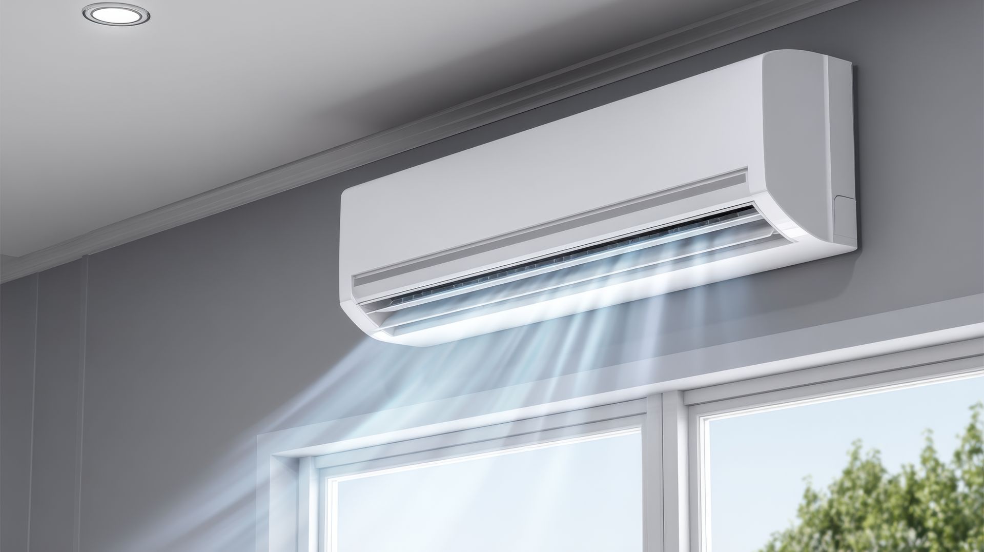 Wall-mounted air conditioner blowing cool air into a room.