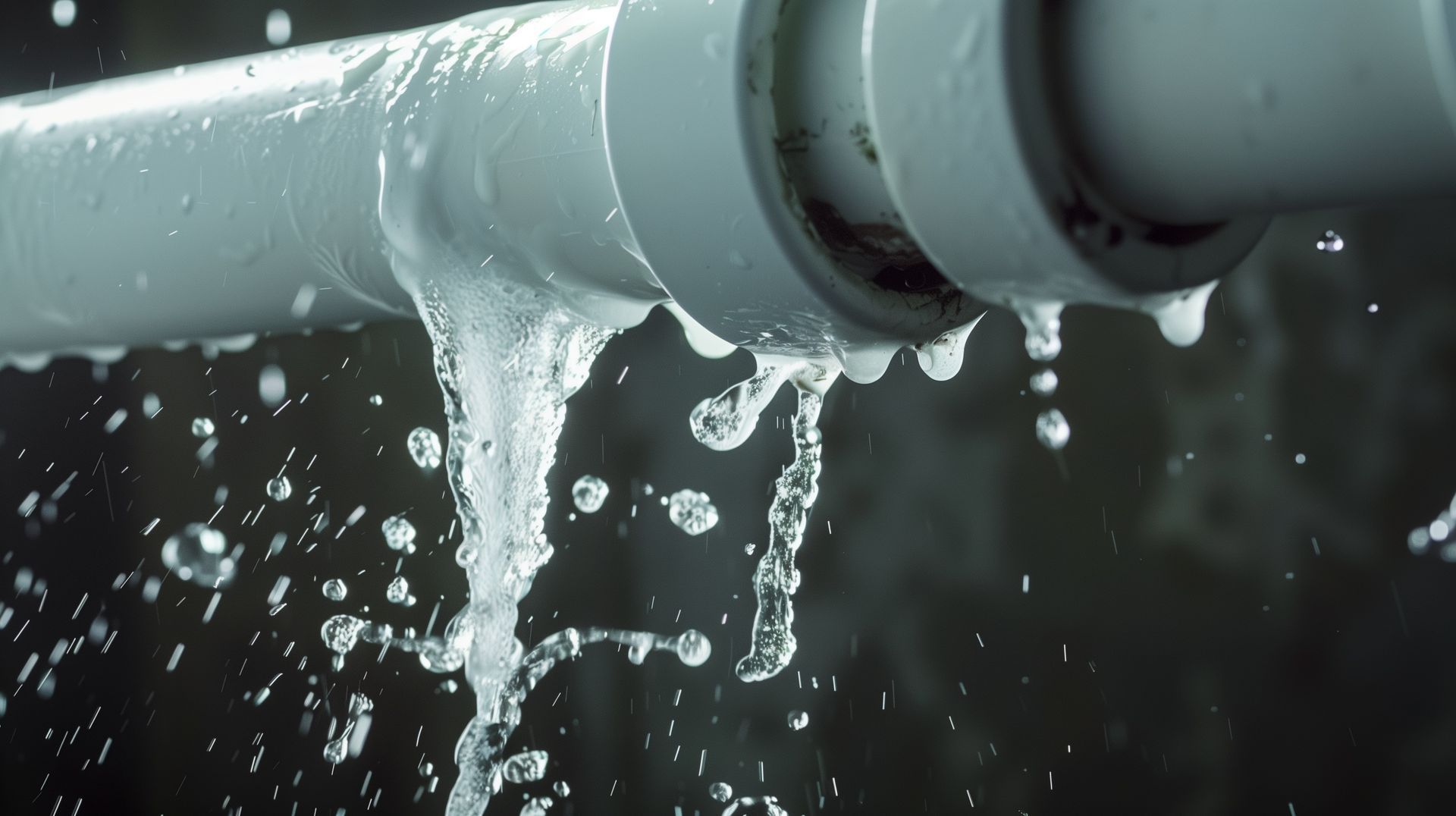 Water gushing from a cracked white pipe, droplets splashing, dark background.