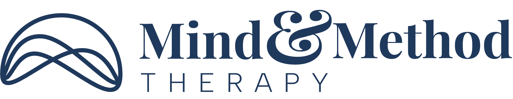 Mind & Method Therapy logo with blue mountain line art and text on white background