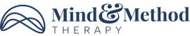 Mind & Method Therapy logo with blue mountain line art and text on white background