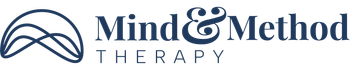Mind & Method Therapy logo with blue mountain line art and text on white background