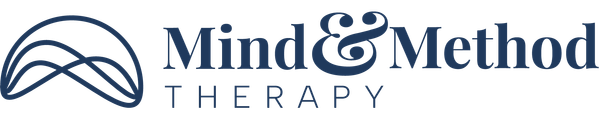 Mind & Method Therapy logo with blue mountain line art and text on white background