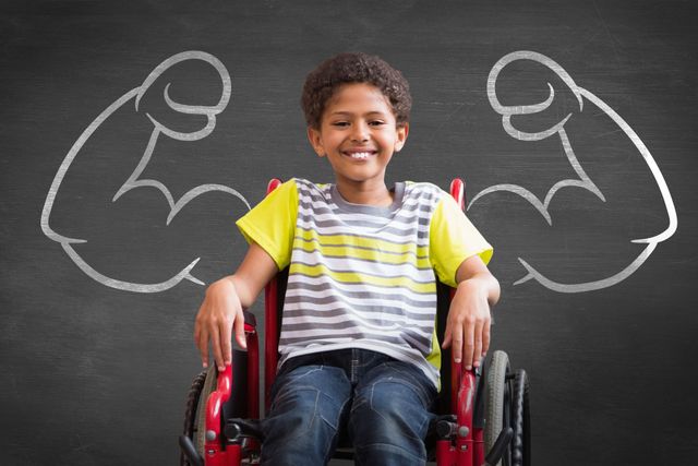 Smiling child in a wheelchair with chalk-drawn flexed arms on a blackboard background