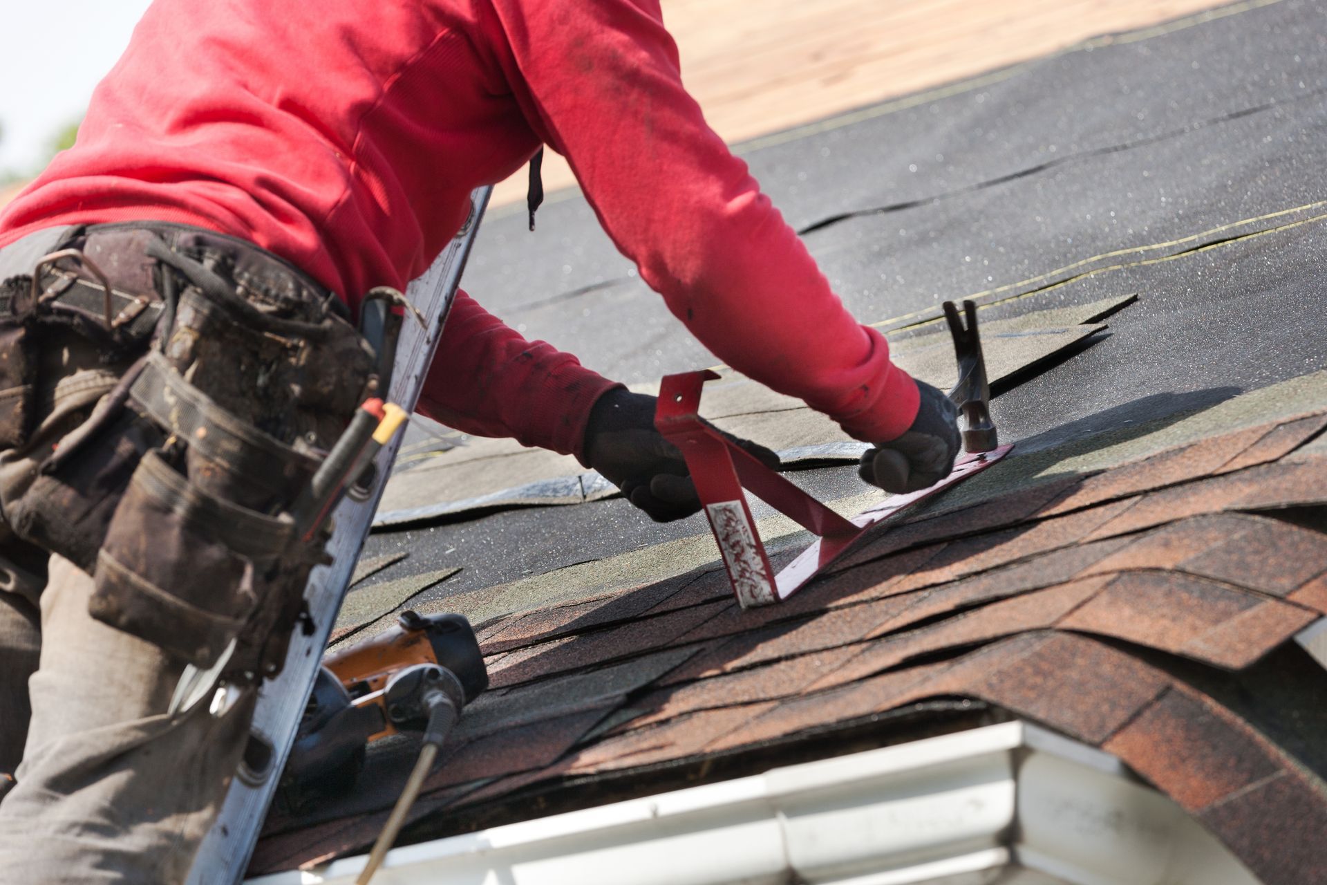 A roofer in a red long-sleeved shirt installs shingles on a sloped roof using a roofing tool and a hammer.