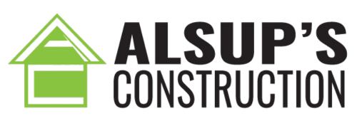 ALSUP'S CONSTRUCTION logo with green house roof icon and black text