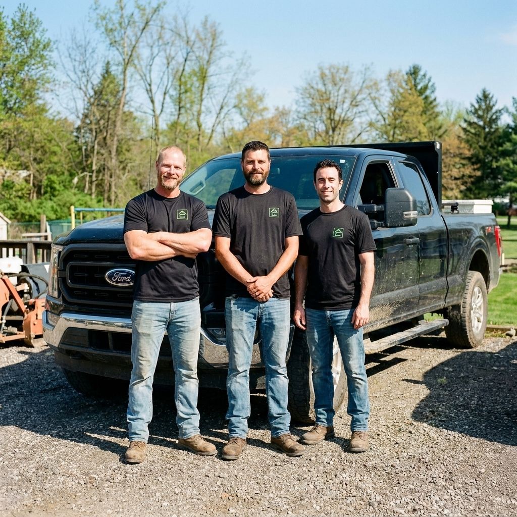 Three people stand in front of a black pickup truck in a gravel lot on a sunny day.
