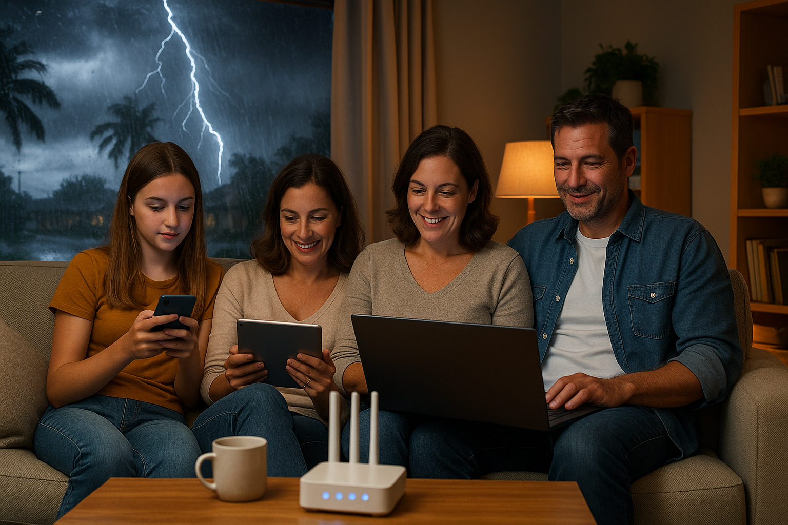 A family in Zephyrhills using mobile and Wi-Fi devices while a thunderstorm rumbles outside.
