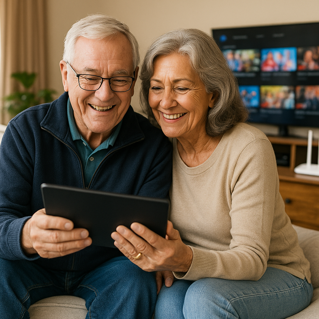 A senior couple streaming TV from inside their RV in Dade City, Florida, using satellite internet.