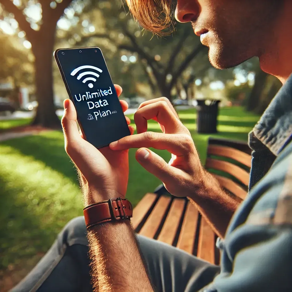 A person using a smartphone with an unlimited data plan in Zephyrhills.