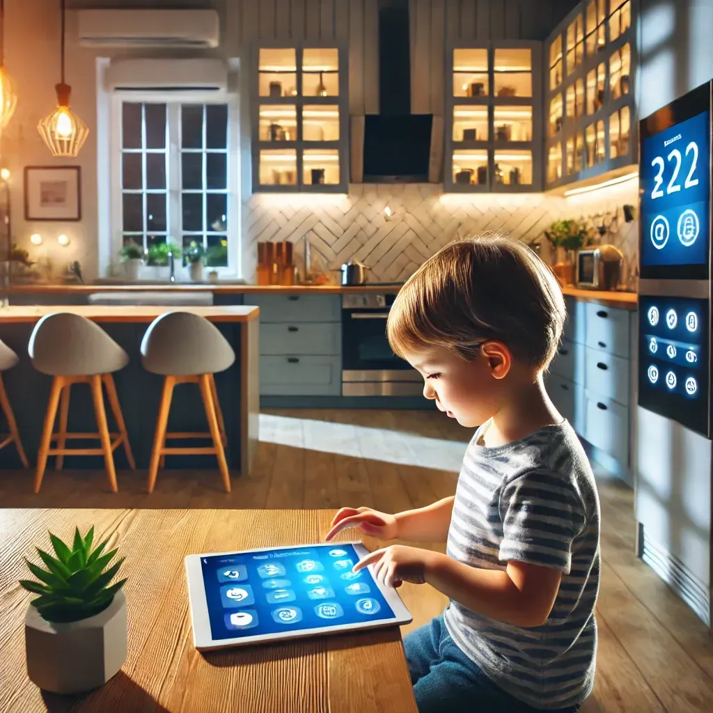 A young child using a tablet to control smart home devices, such as lights and air conditioning, in a brightly lit kitchen. The scene showcases the child's ease of use and the high-tech, convenient environment created by smart technology.