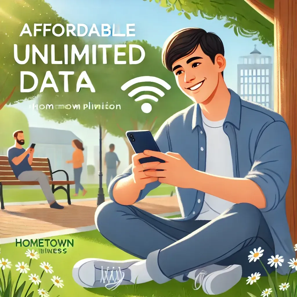 A person sitting in a park and enjoying unlimited data internet on their smartphone. The scene highlights the benefits of affordable mobile phone plans with unlimited data from HomeTown Wireless Communication. The person is smiling and comfortably using their phone in a natural, relaxed environment.