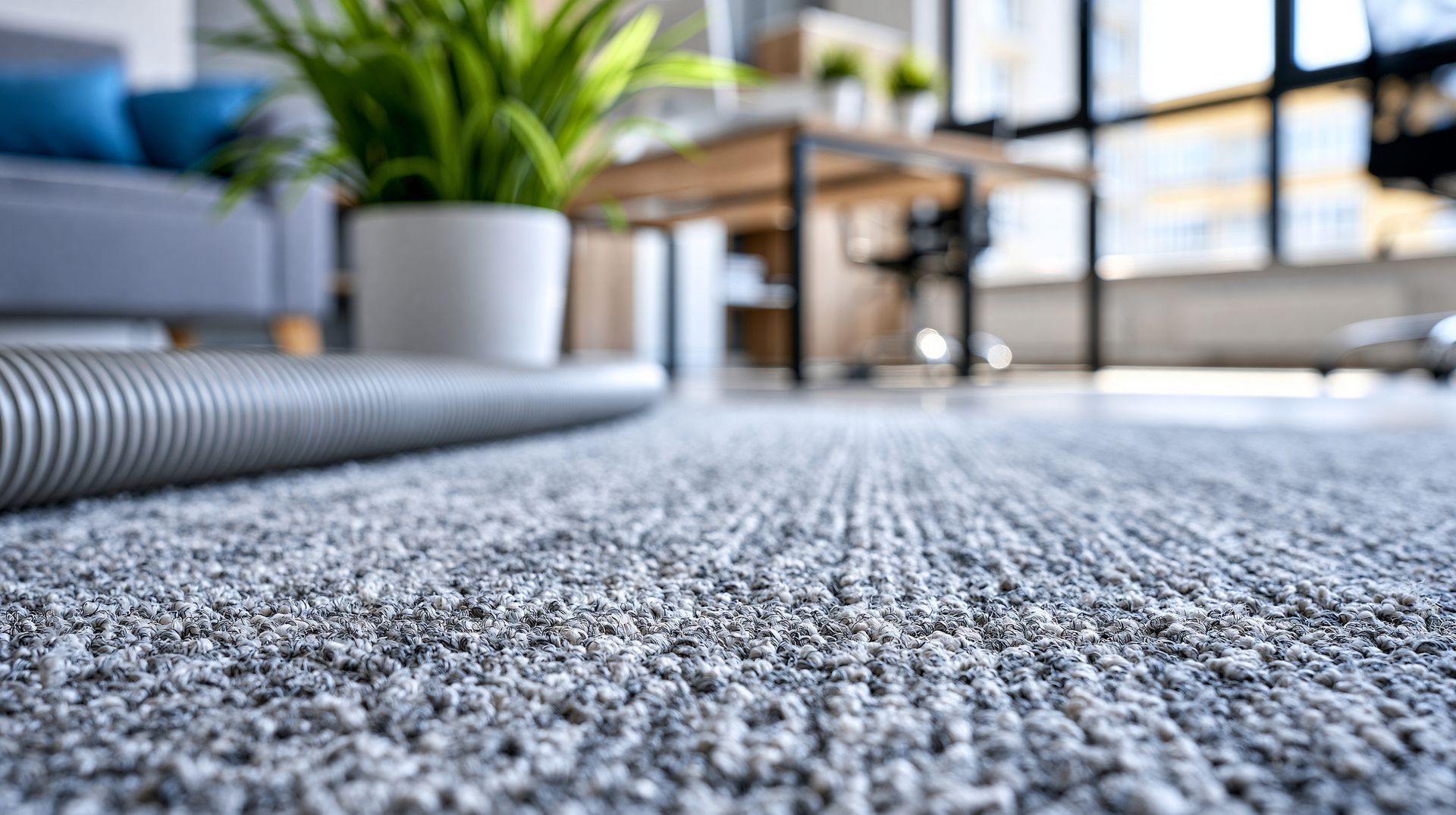 Low-angle view of office carpet with vacuum hose, plant, and desk in background.]