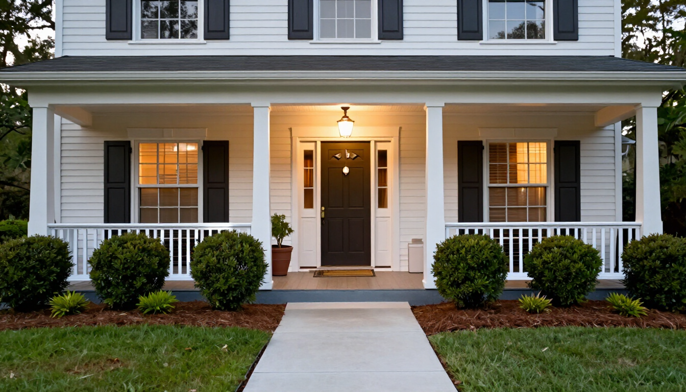 Freshly maintained Alabama home entry with simple landscaping