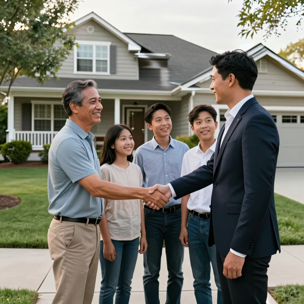 Two men shaking hands in front of a suburban house, with a smiling family standing nearby