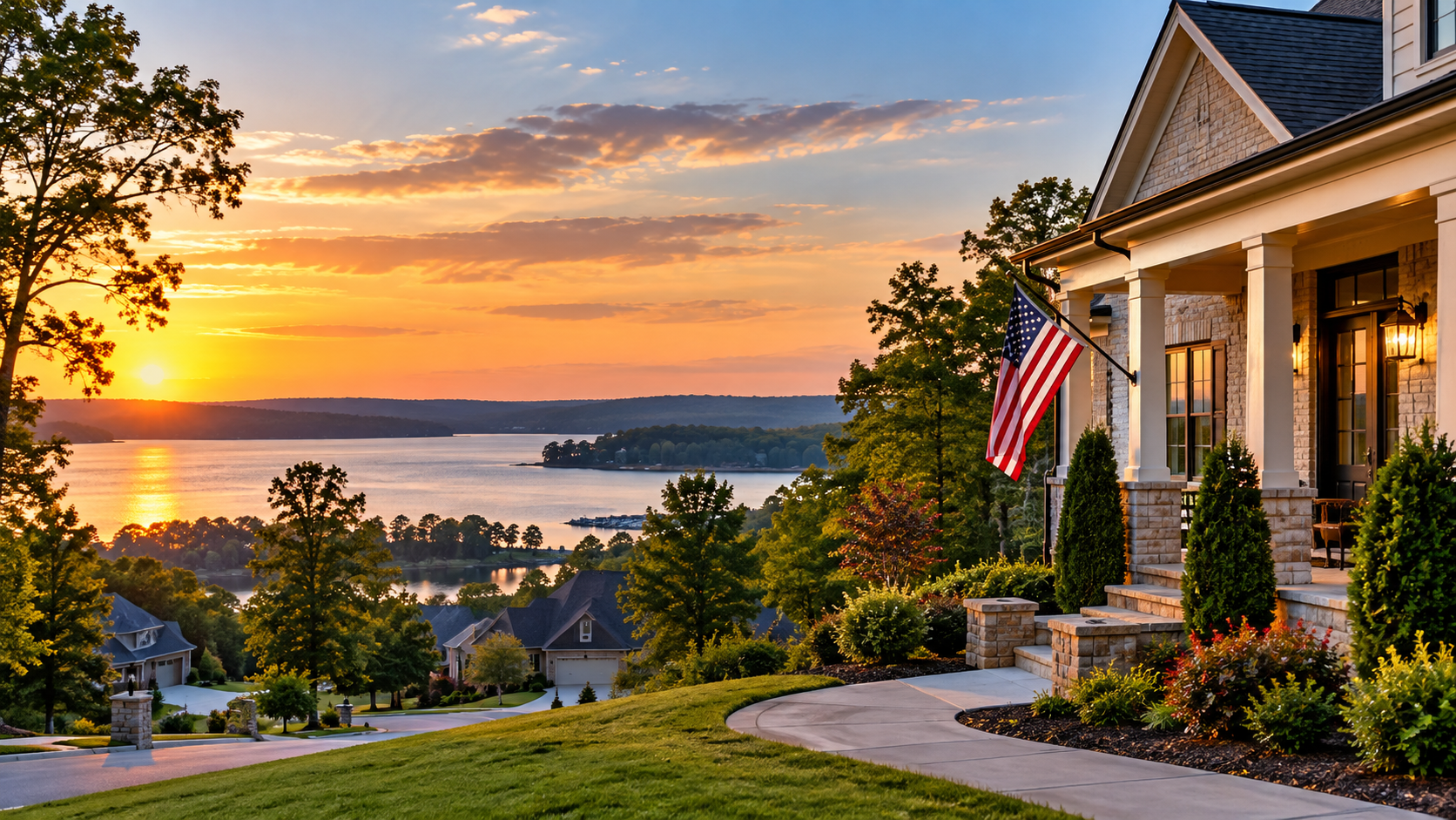 Sunset over a lakeside neighborhood, with a porch and American flag in the foreground