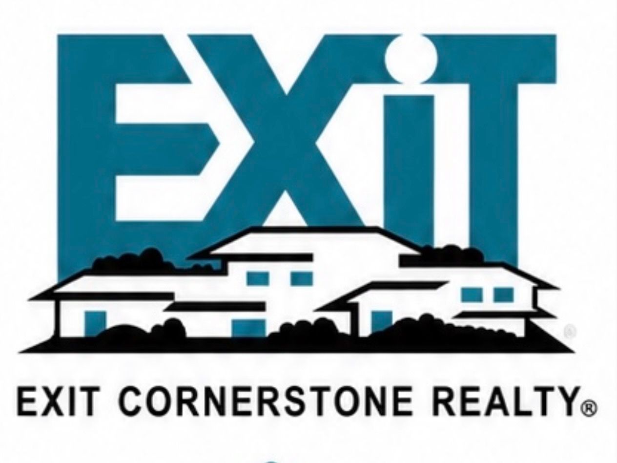 EXIT Cornerstone Realty logo with teal “EXIT” text and a white house silhouette over black text