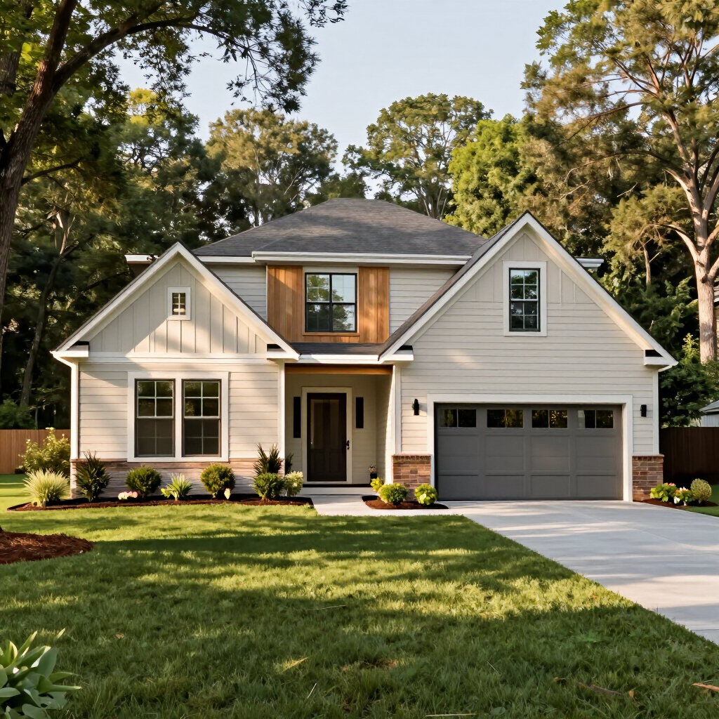 Suburban house with white siding, dark roof, and two-car garage, fronted by a green lawn and trees.