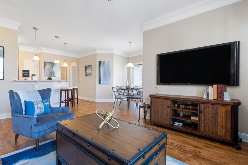 A living room filled with furniture and a flat-screen tv at Marquis Ellis Crossing in Durham, NC.