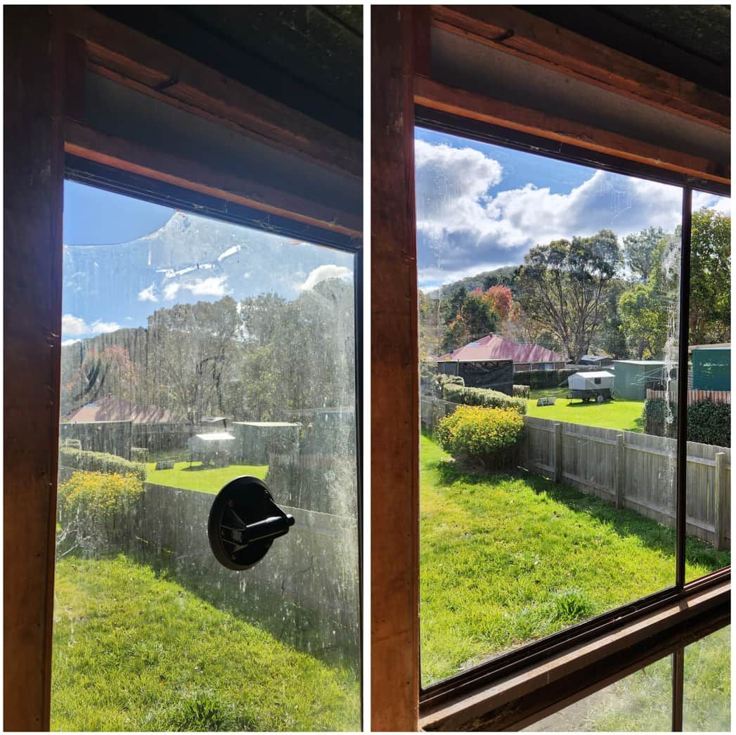 A Before and After Picture of a Window With a Suction Cup on It — Moss Vale Glass In Moss Vale, NSW