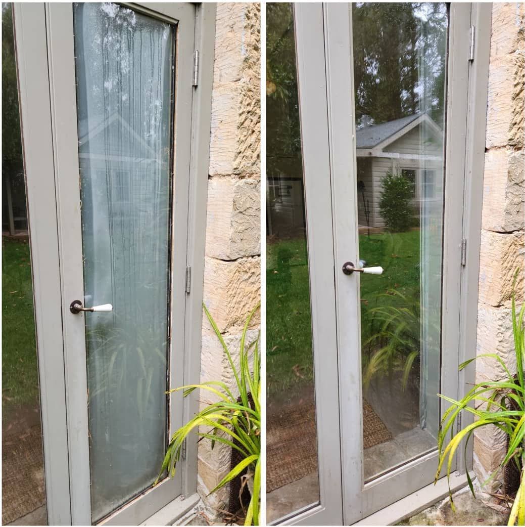 A Before and After Picture of a Door With a Plant in Front of It — Moss Vale Glass In Bowral, NSW