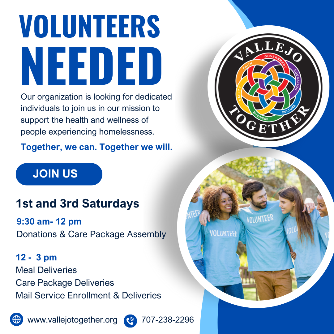 Volunteer opportunity flyer for Vallejo Together, seeking volunteers to support people experiencing homelessness. Includes details and contact info.