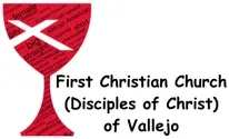 Red chalice with white cross, text collage, and 