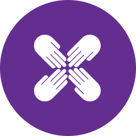 Four white hands reaching towards each other in a circle, on a purple background.