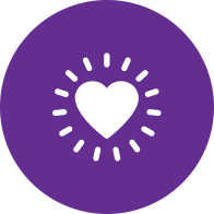 White heart radiating light in a purple circle.