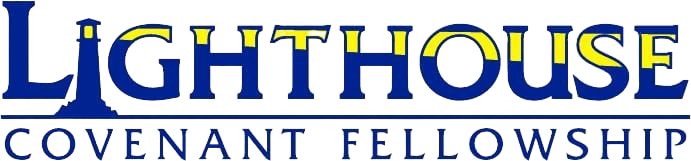 Logo for Lighthouse Covenant Fellowship. Blue and yellow text on white background.