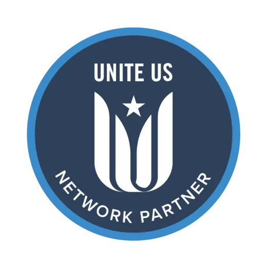 Blue and white Unite Us Network Partner logo, a stylized 