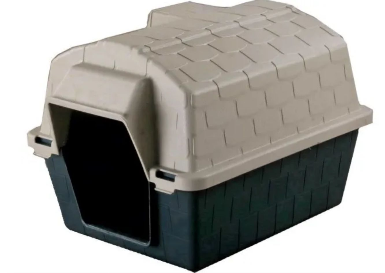 Plastic dog kennel with a beige roof and dark base, shown on a white background