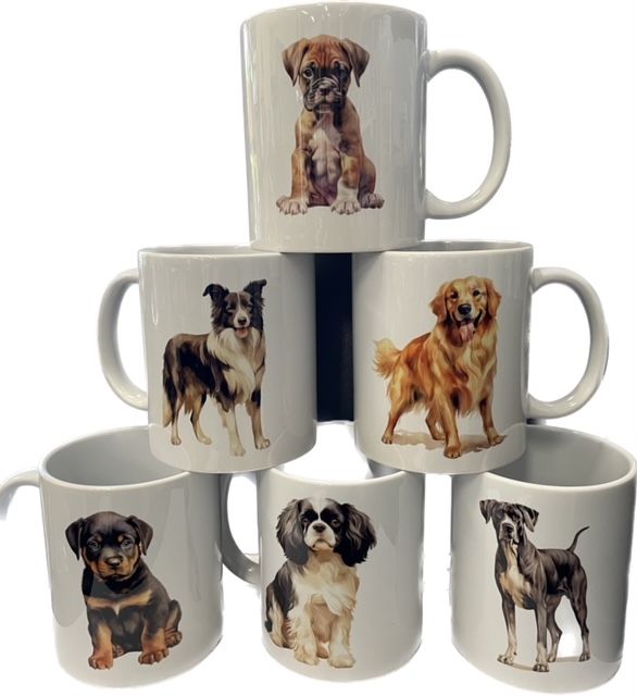a stack of coffee mugs with dogs on them