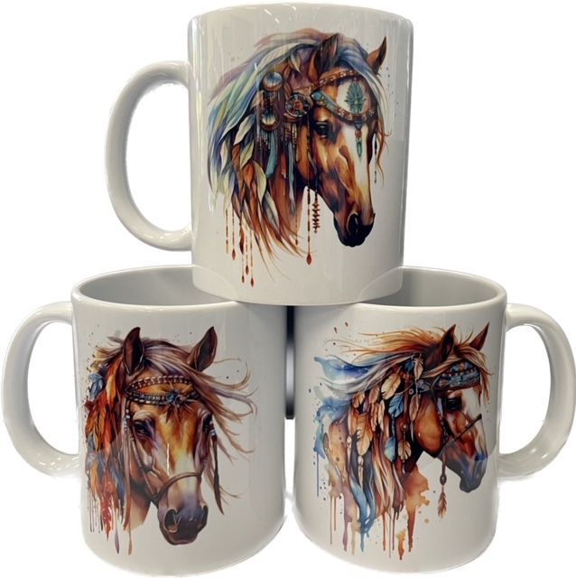 three mugs with horses on them are stacked on top of each other .