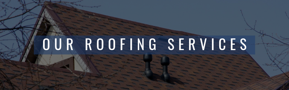 A brown shingled house roof with a vent pipe, overlaid with a blue banner reading