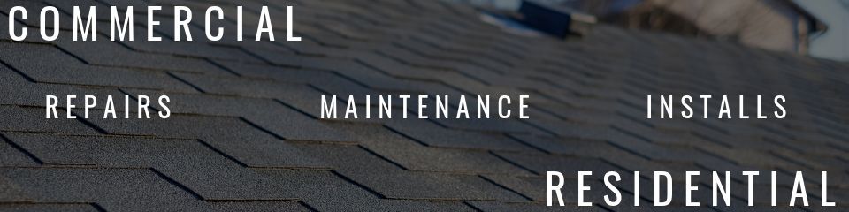 Text overlay on a dark asphalt roof shingles