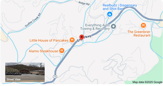 A map showing the location of a restaurant and a river.