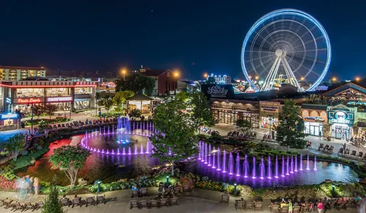 An aerial view of a theme park at night with a ferris wheel and a fountain.